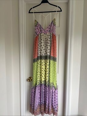 NWOT Forever 21 Boho Patchwork Maxi Dress in Pink, Coral, Lime, Purple / Large